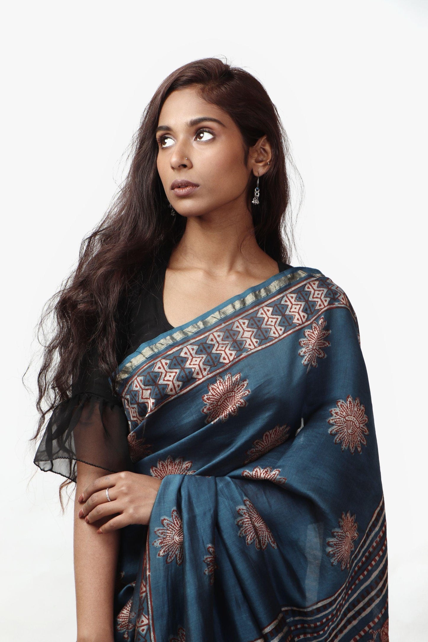 Kaisori Malhar - Dabu Pharad Light Indigo handblockprinted Silk Cotton saree Kaisori