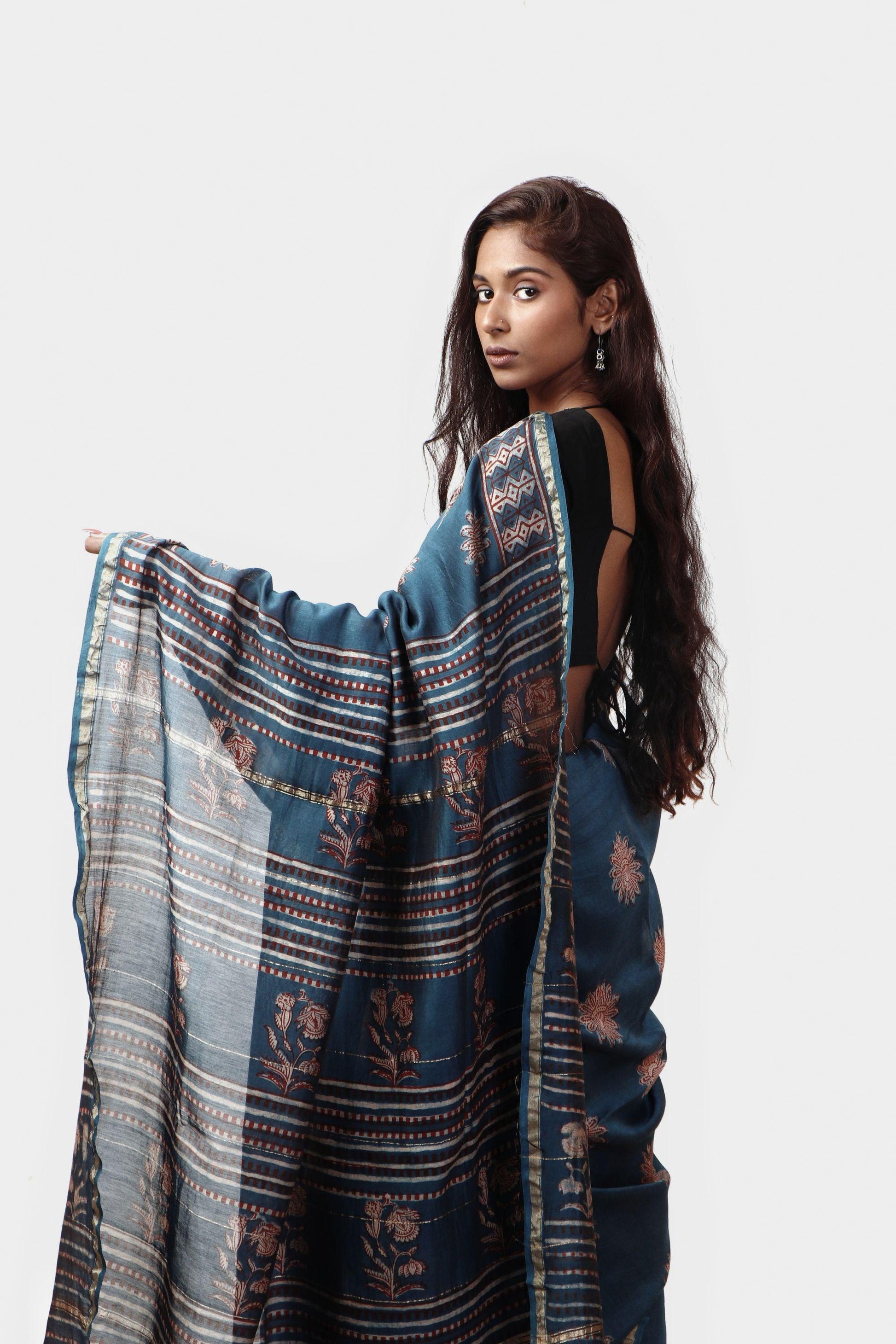 Kaisori Malhar - Dabu Pharad Light Indigo handblockprinted Silk Cotton saree Kaisori