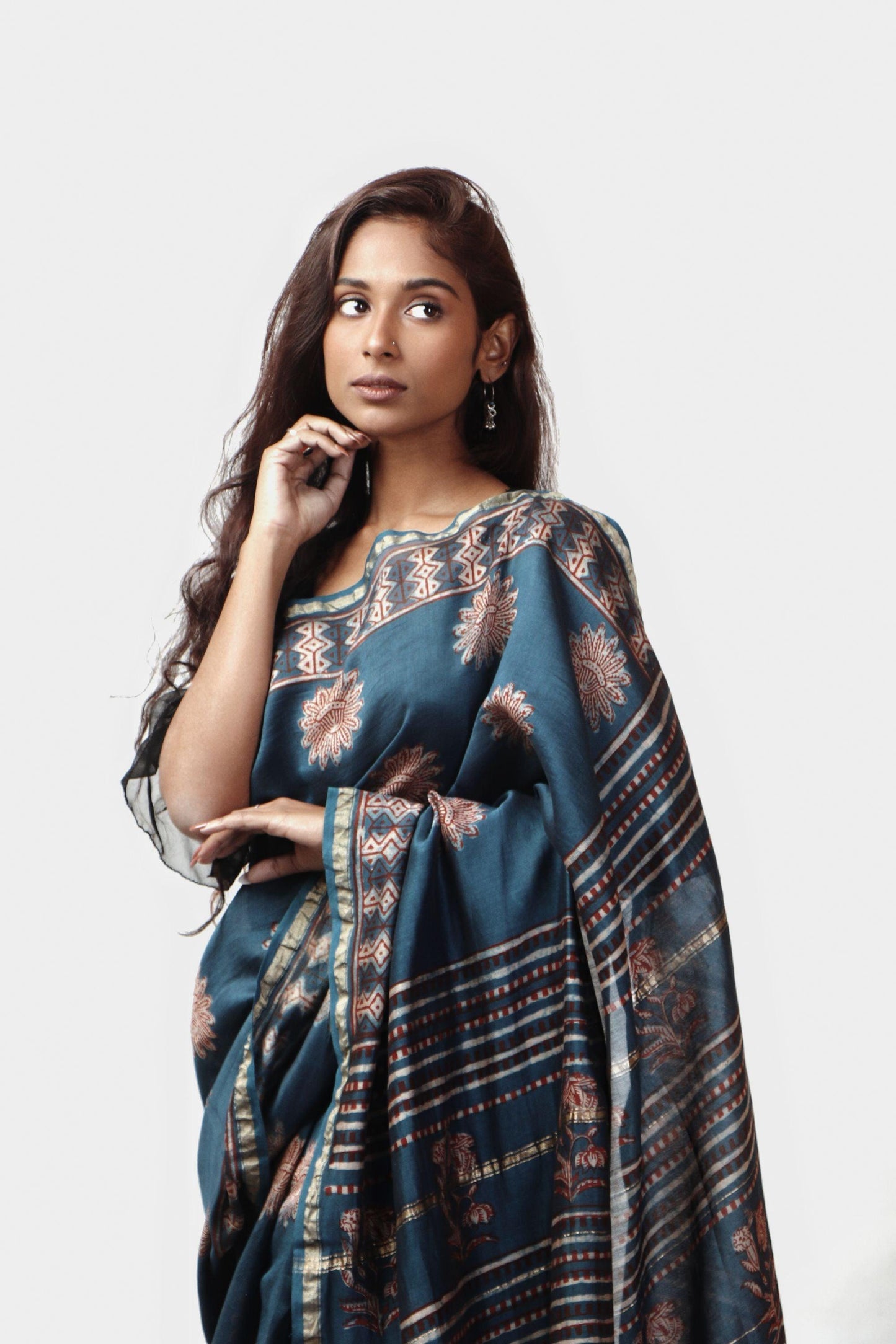 Kaisori Malhar - Dabu Pharad Light Indigo handblockprinted Silk Cotton saree Kaisori