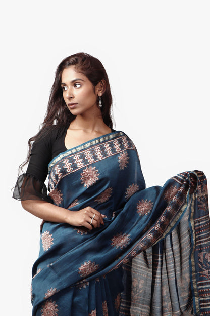 Kaisori Malhar - Dabu Pharad Light Indigo handblockprinted Silk Cotton saree Kaisori