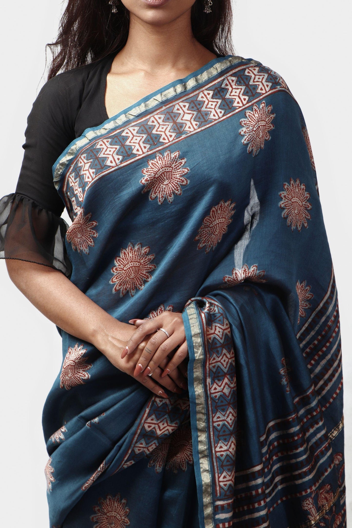 Kaisori Malhar - Dabu Pharad Light Indigo handblockprinted Silk Cotton saree Kaisori