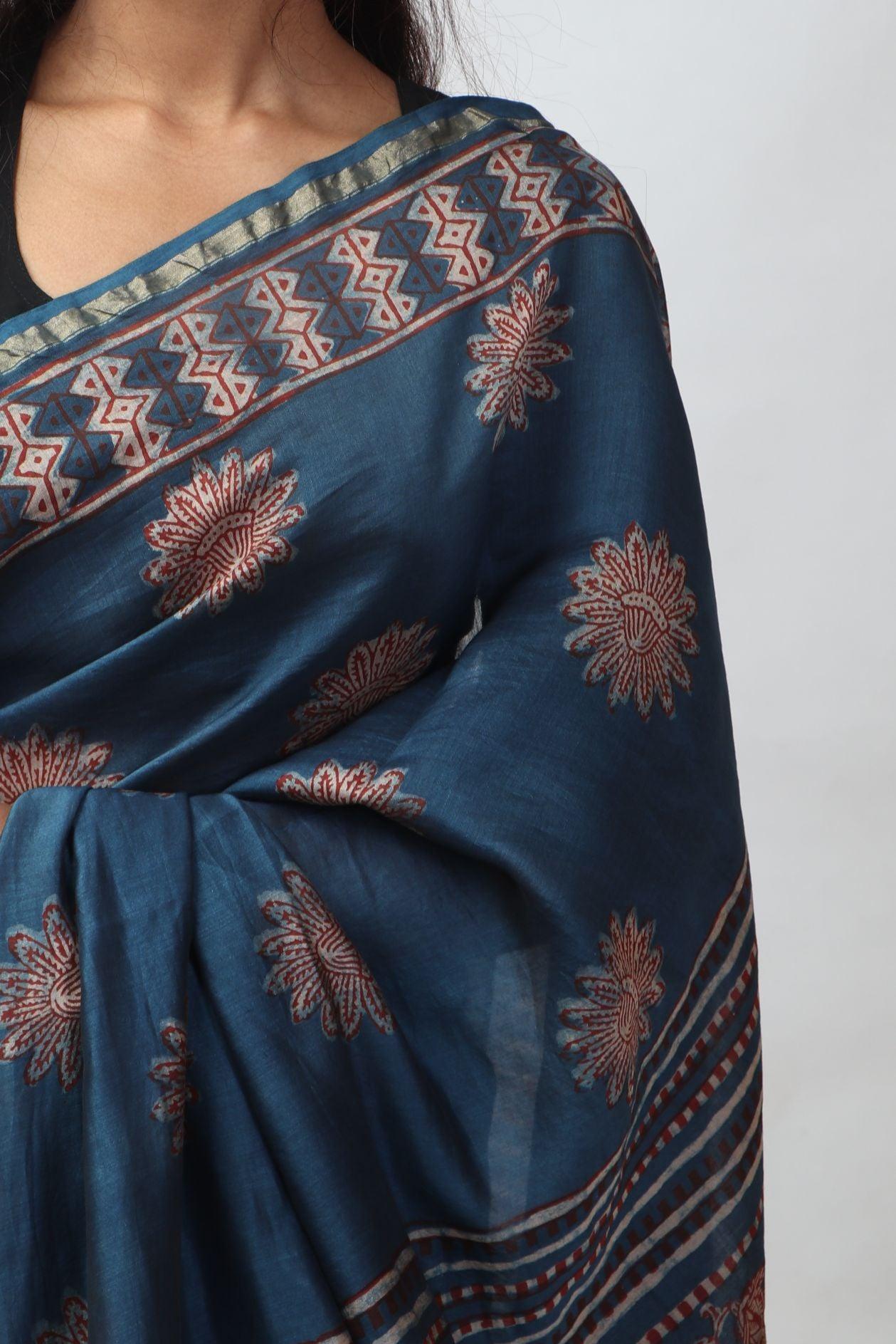 Kaisori Malhar - Dabu Pharad Light Indigo handblockprinted Silk Cotton saree Kaisori