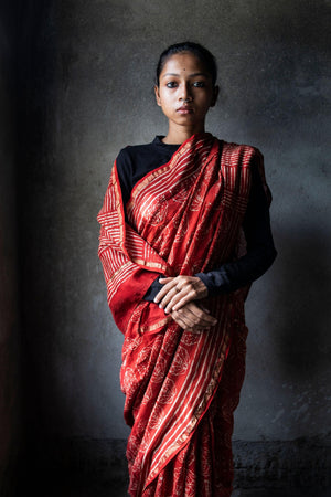 Kaisori Malhar Dabu Rust Silk Cotton handblockprinted saree Kaisori