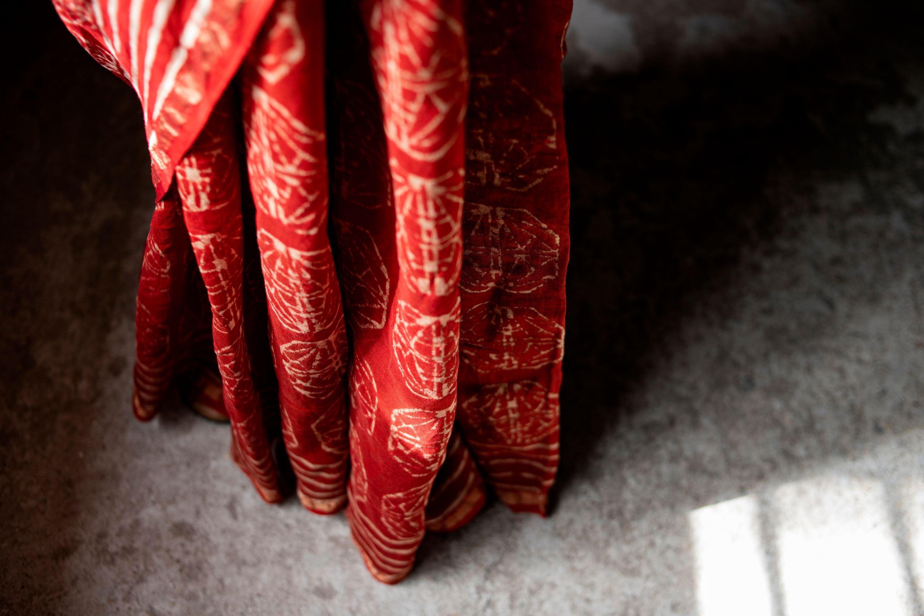 Kaisori Malhar Dabu Rust Silk Cotton handblockprinted saree Kaisori