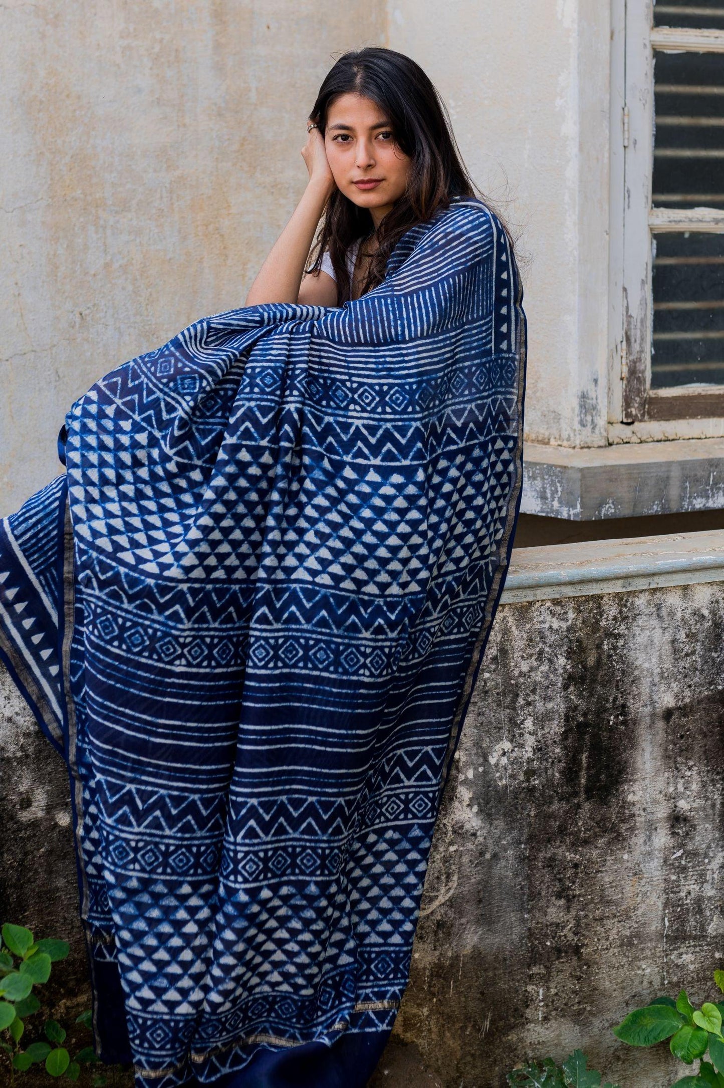 Kaisori Malhar - Dabu Stripes Indigo Silk Cotton saree Kaisori