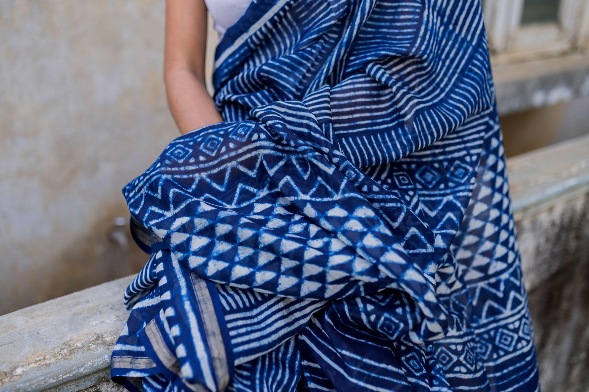 Kaisori Malhar - Dabu Stripes Indigo Silk Cotton saree Kaisori