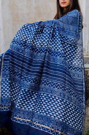 Kaisori Malhar - Dabu Stripes Indigo Silk Cotton saree Kaisori