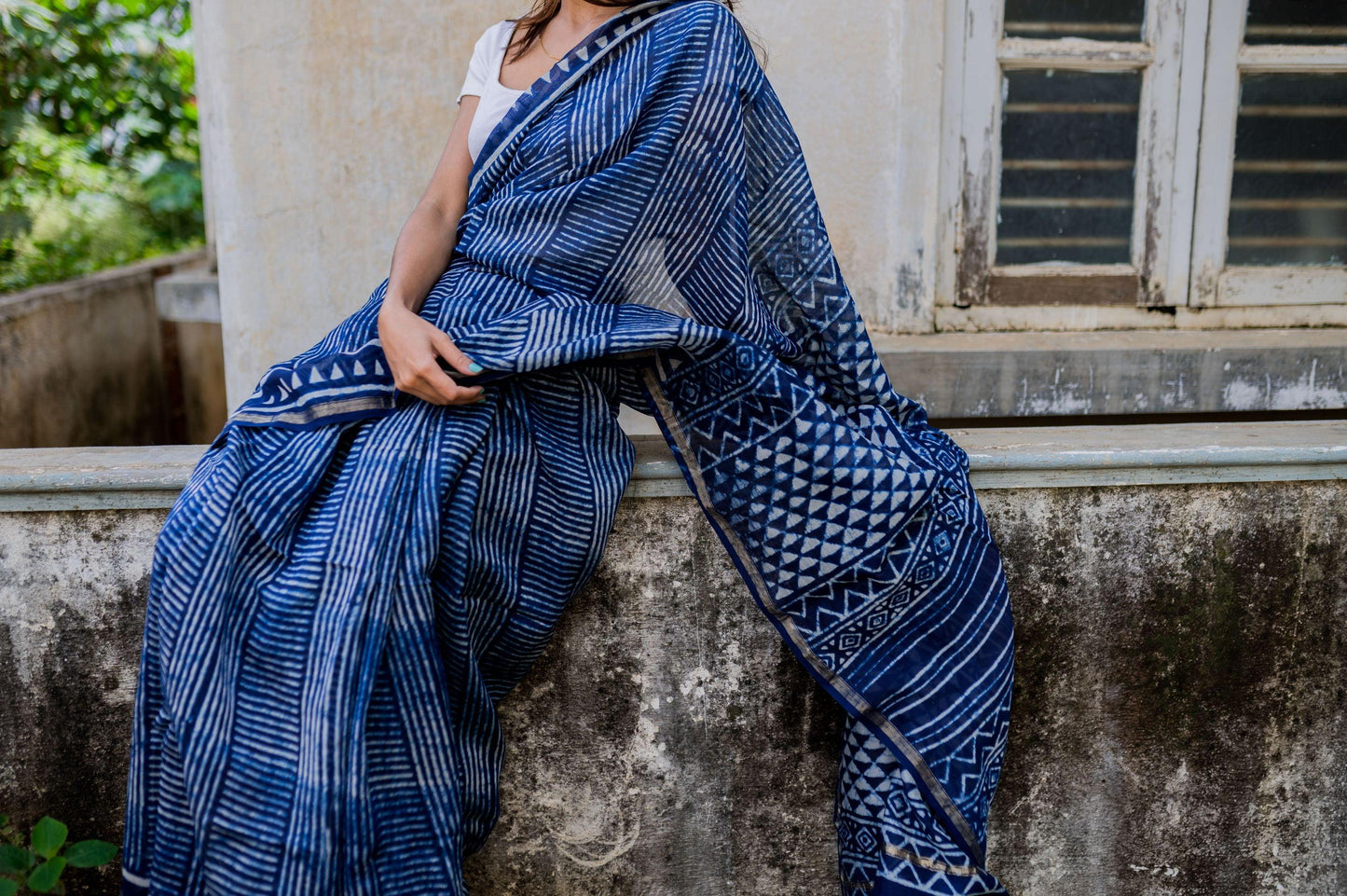 Kaisori Malhar - Dabu Stripes Indigo Silk Cotton saree Kaisori