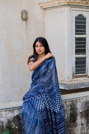 Kaisori Malhar - Dabu Stripes Indigo Silk Cotton saree Kaisori