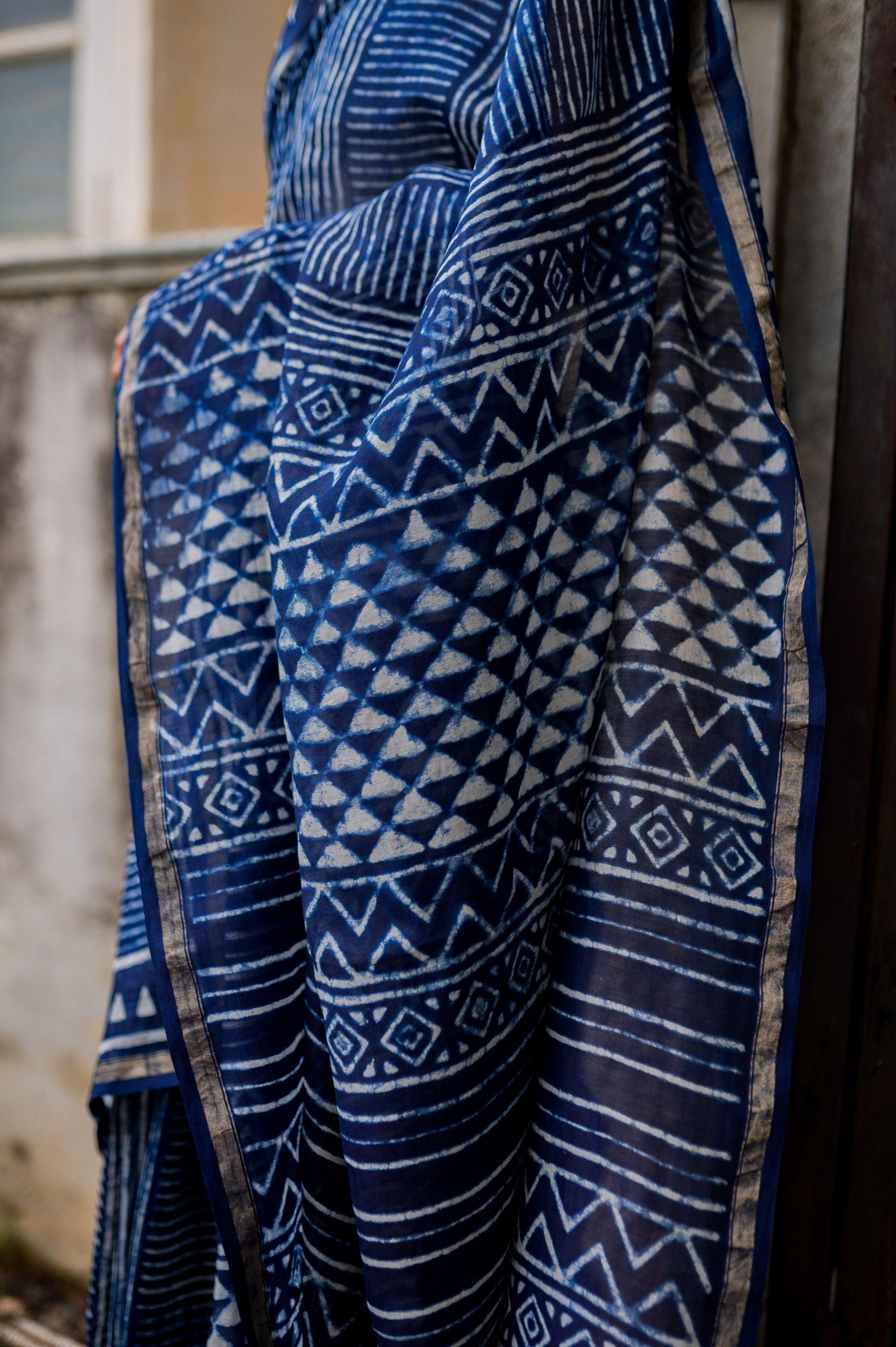 Kaisori Malhar - Dabu Stripes Indigo Silk Cotton saree Kaisori