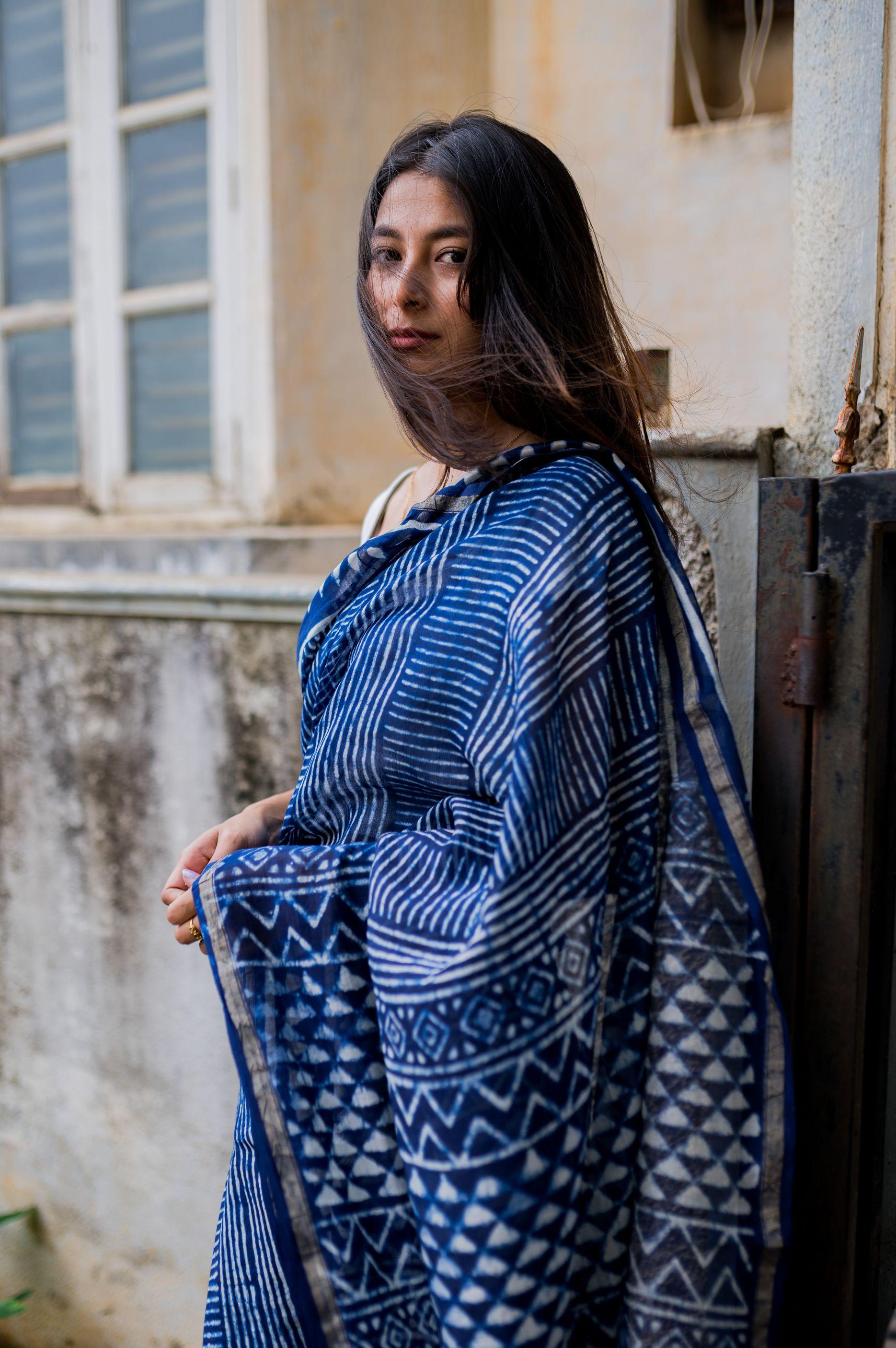 Kaisori Malhar - Dabu Stripes Indigo Silk Cotton saree Kaisori