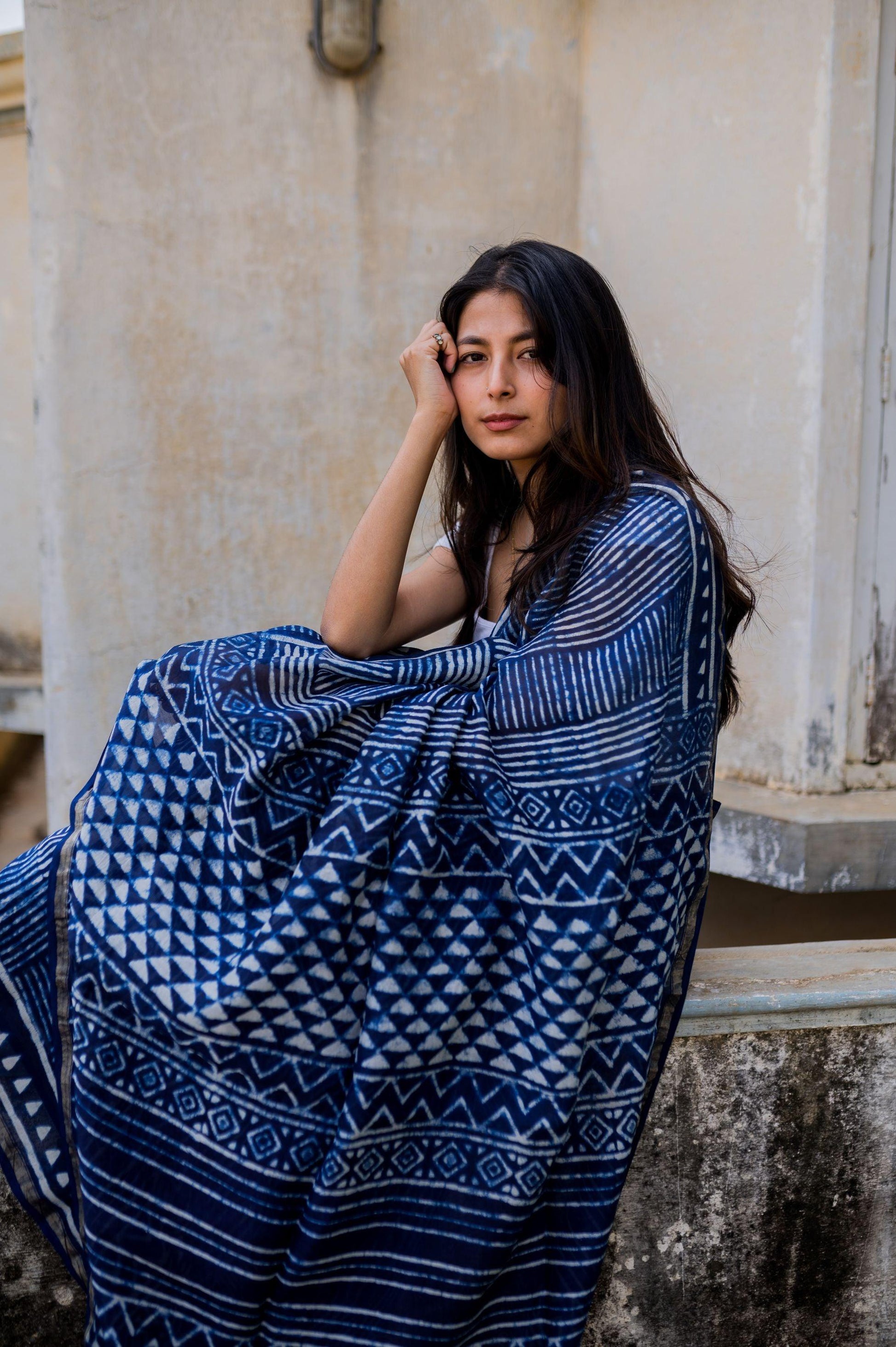 Kaisori Malhar - Dabu Stripes Indigo Silk Cotton saree Kaisori