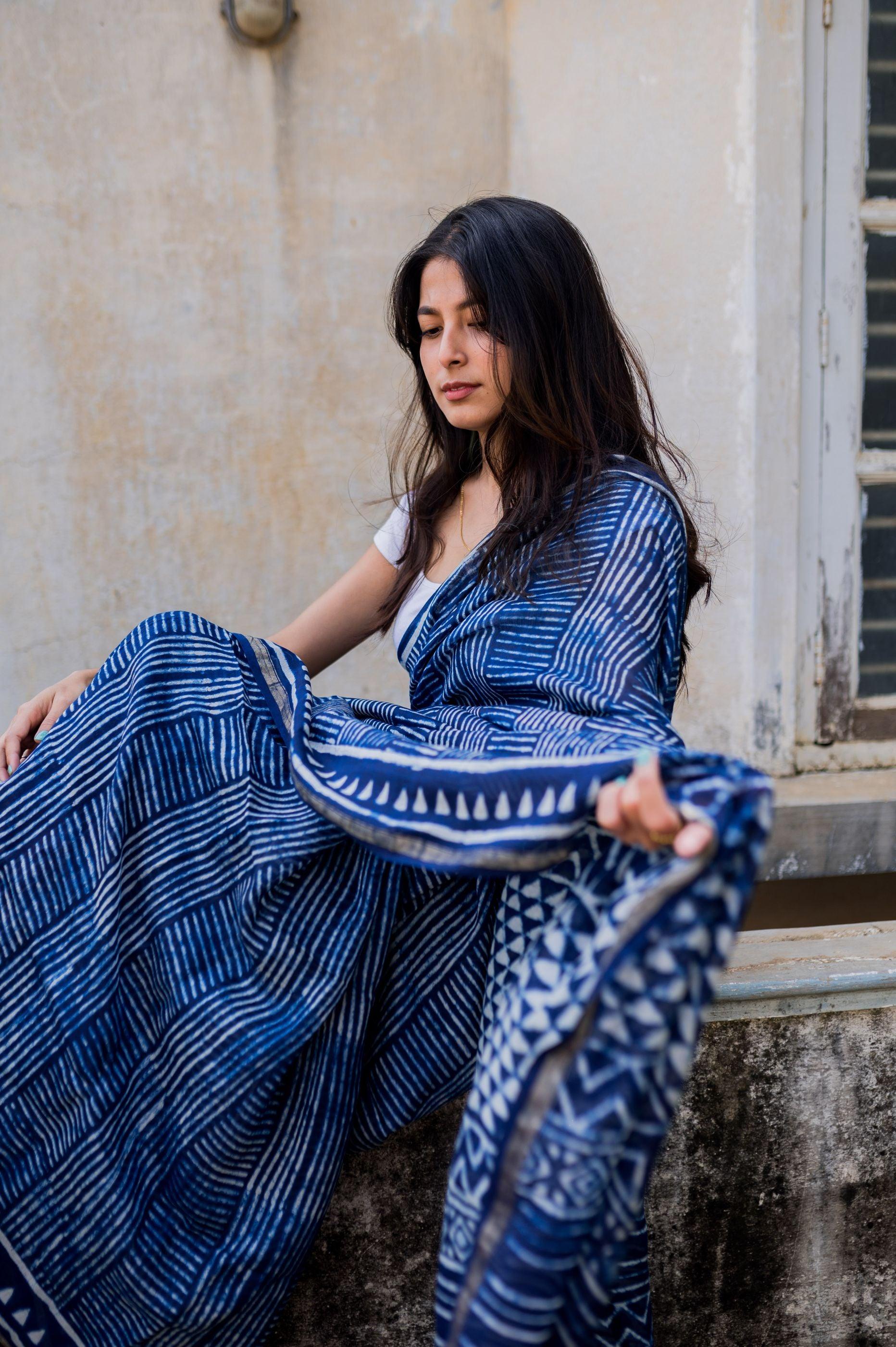 Kaisori Malhar - Dabu Stripes Indigo Silk Cotton saree Kaisori