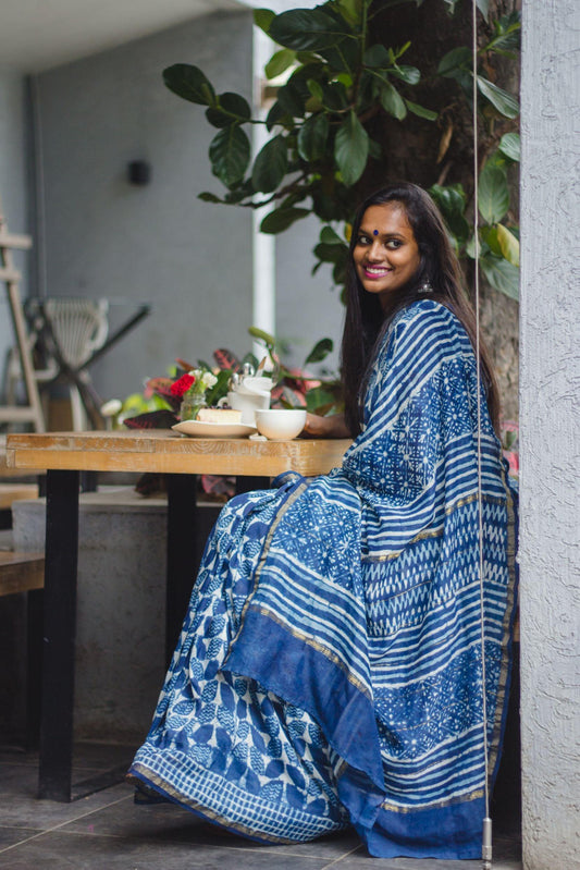 Kaisori Malhar Indigo Dabu leaf saree Kaisori