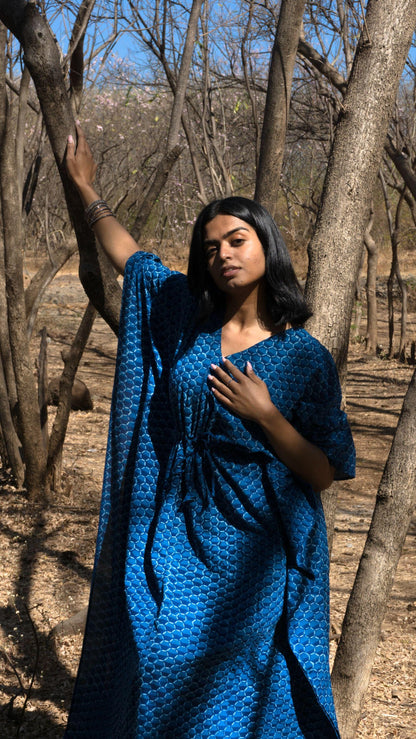 Kaisori Mulmul Chanda natural dyed Indigo block printed Kaftan Kaisori