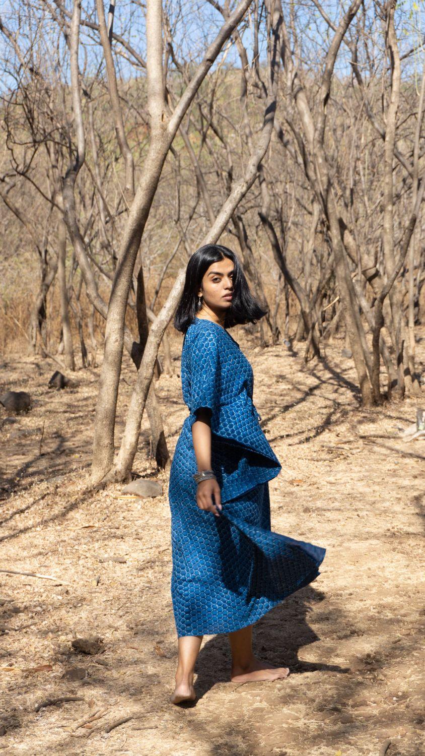Kaisori Mulmul Chanda natural dyed Indigo block printed Kaftan Kaisori