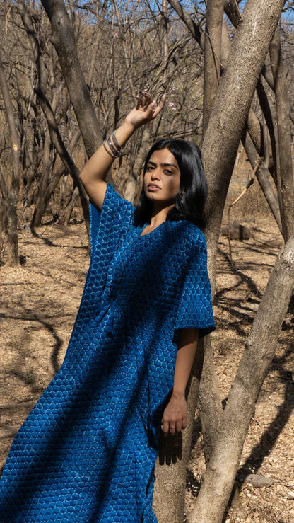 Kaisori Mulmul Chanda natural dyed Indigo block printed Kaftan Kaisori