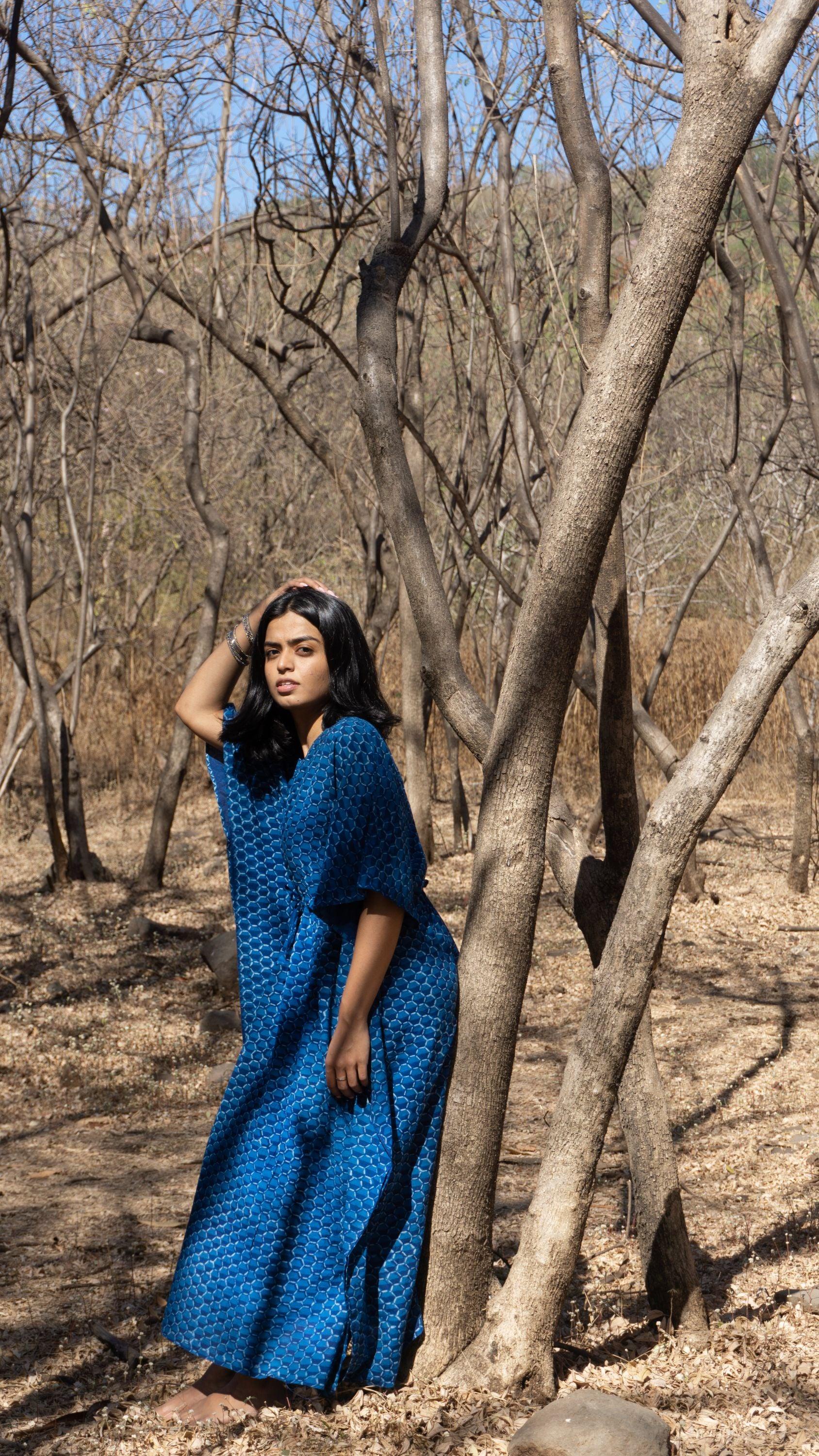Kaisori Mulmul Chanda natural dyed Indigo block printed Kaftan Kaisori