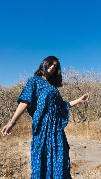 Kaisori Mulmul boota natural dyed Indigo block printed Kaftan Kaisori