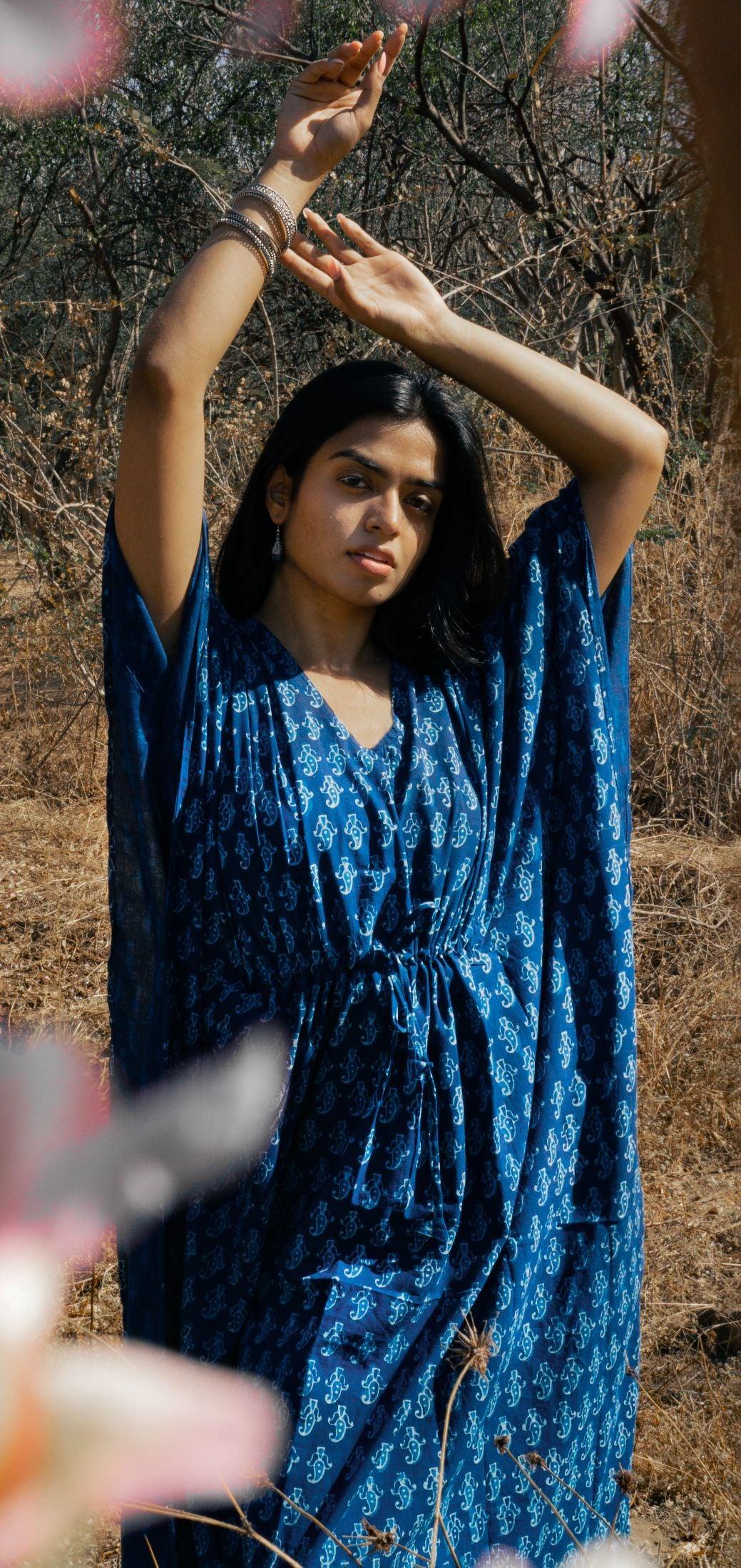 Kaisori Mulmul boota natural dyed Indigo block printed Kaftan Kaisori