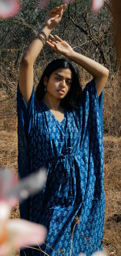 Kaisori Mulmul boota natural dyed Indigo block printed Kaftan Kaisori
