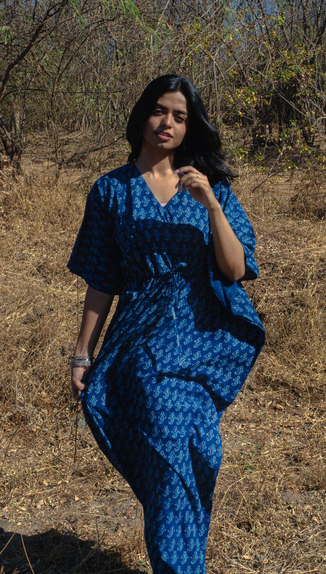 Kaisori Mulmul boota natural dyed Indigo block printed Kaftan Kaisori