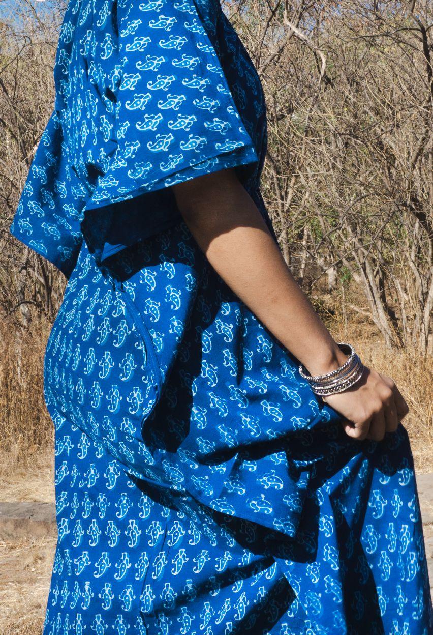 Kaisori Mulmul boota natural dyed Indigo block printed Kaftan Kaisori