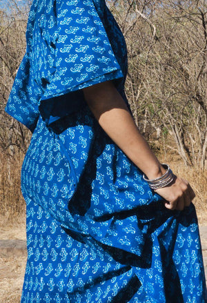 Kaisori Mulmul boota natural dyed Indigo block printed Kaftan Kaisori