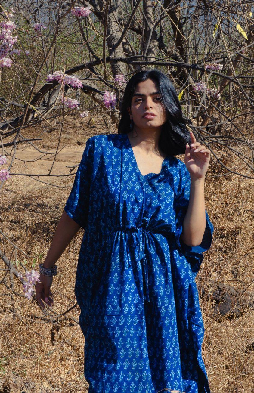 Kaisori Mulmul boota natural dyed Indigo block printed Kaftan Kaisori