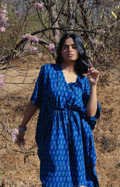 Kaisori Mulmul boota natural dyed Indigo block printed Kaftan Kaisori