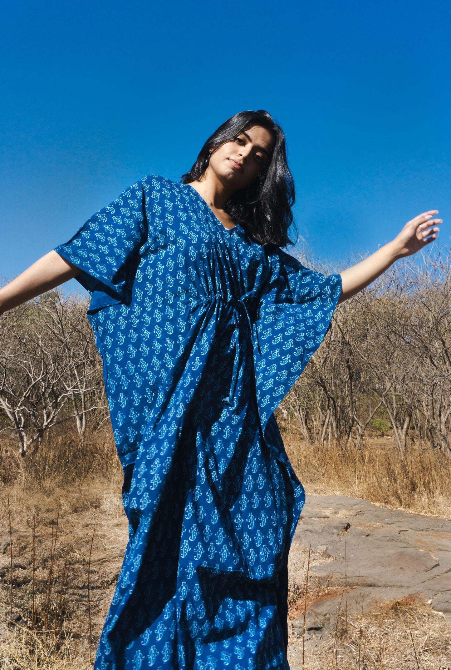 Kaisori Mulmul boota natural dyed Indigo block printed Kaftan Kaisori
