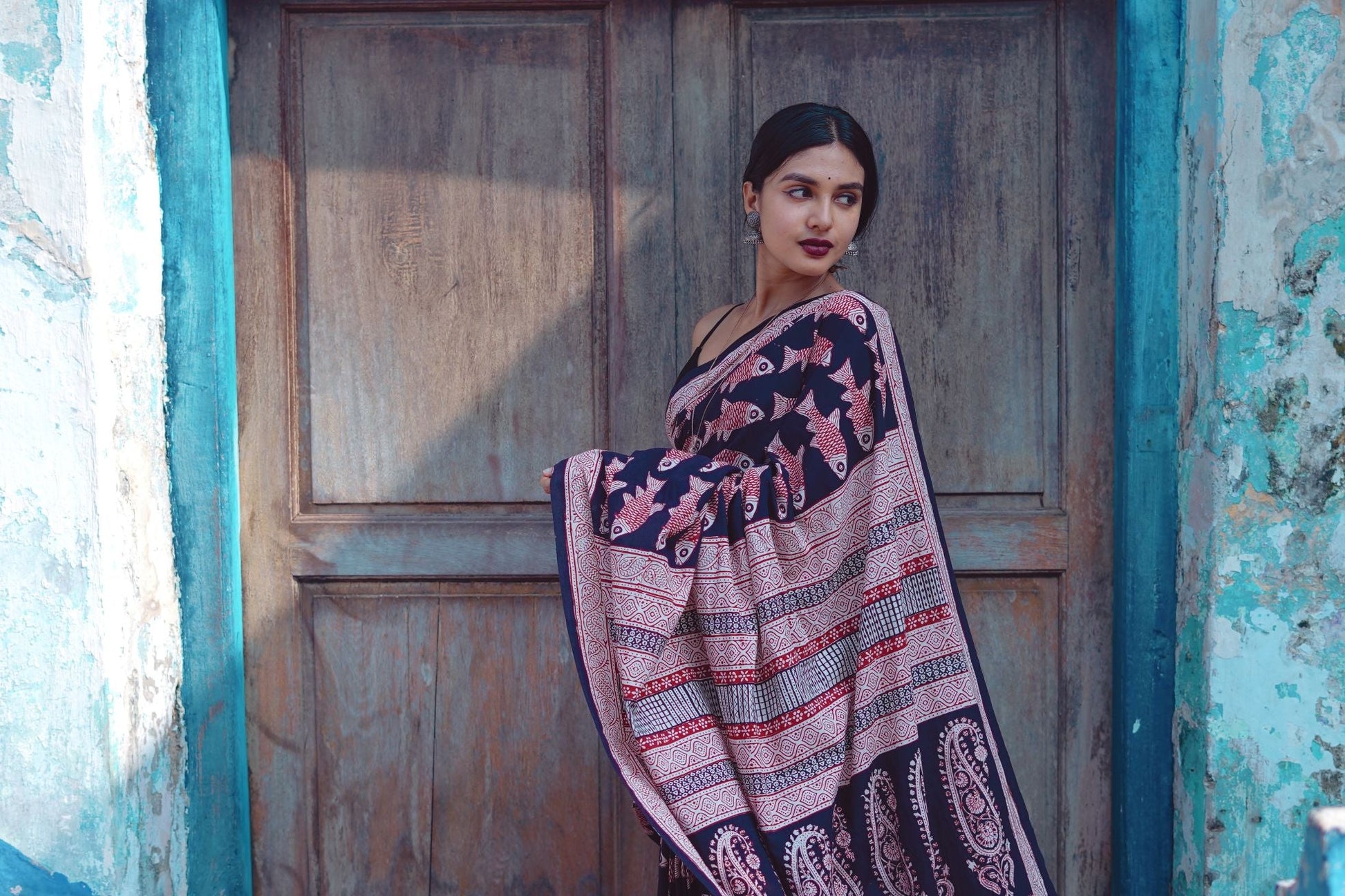 Kaisori Nandana Matsya handblockprinted cotton saree Kaisori