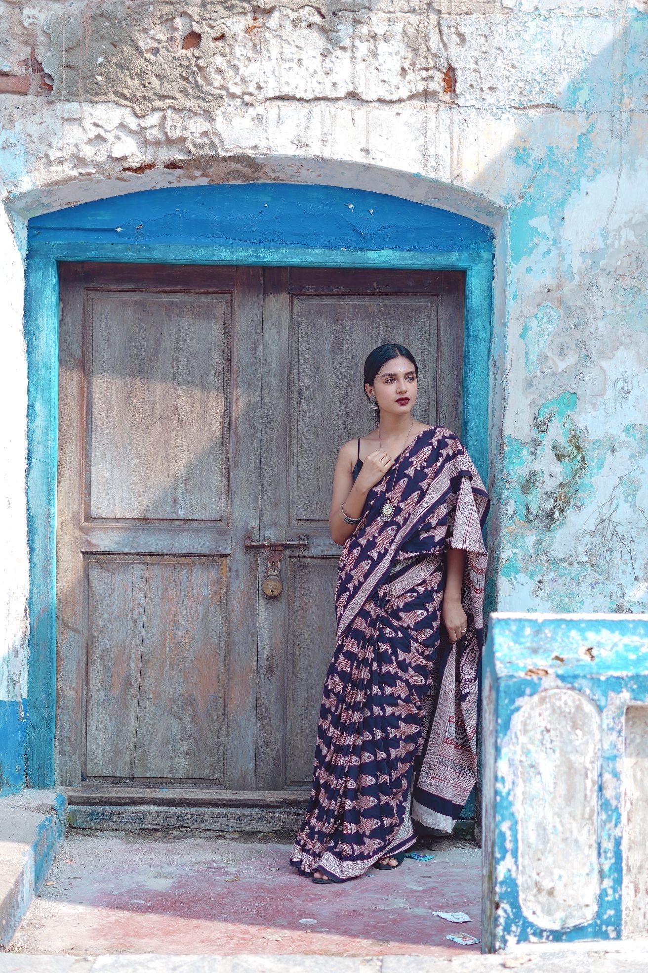 Kaisori Nandana Matsya handblockprinted cotton saree Kaisori