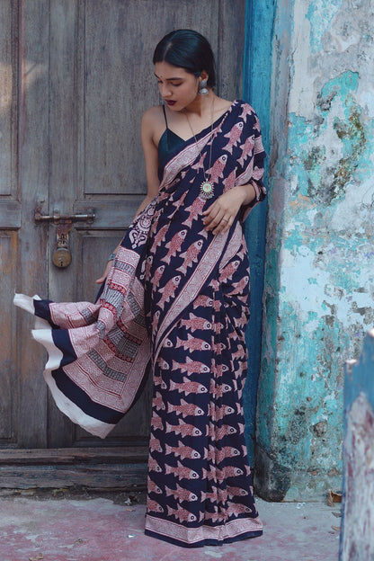 Kaisori Nandana Matsya handblockprinted cotton saree Kaisori