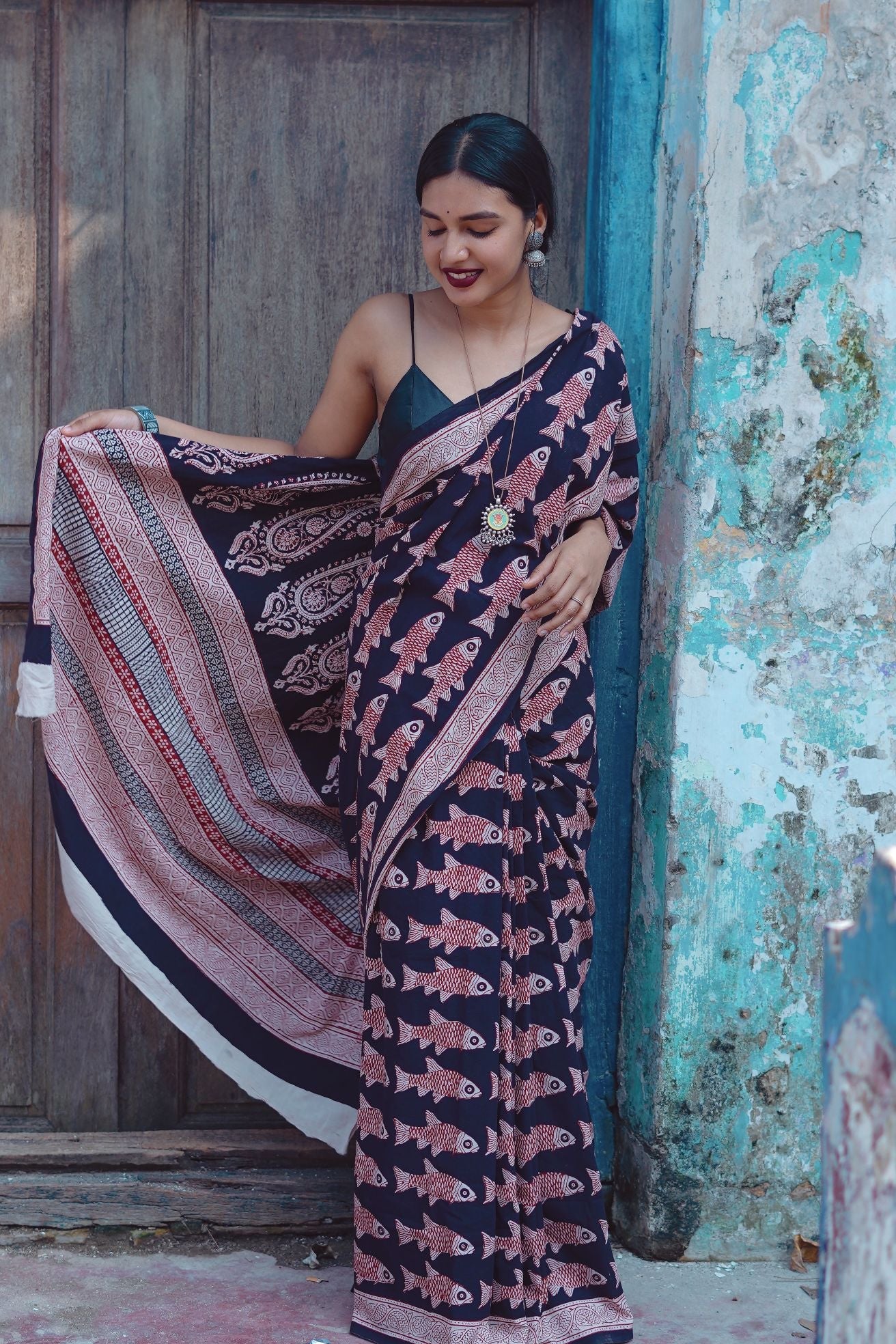 Kaisori Nandana Matsya handblockprinted cotton saree Kaisori