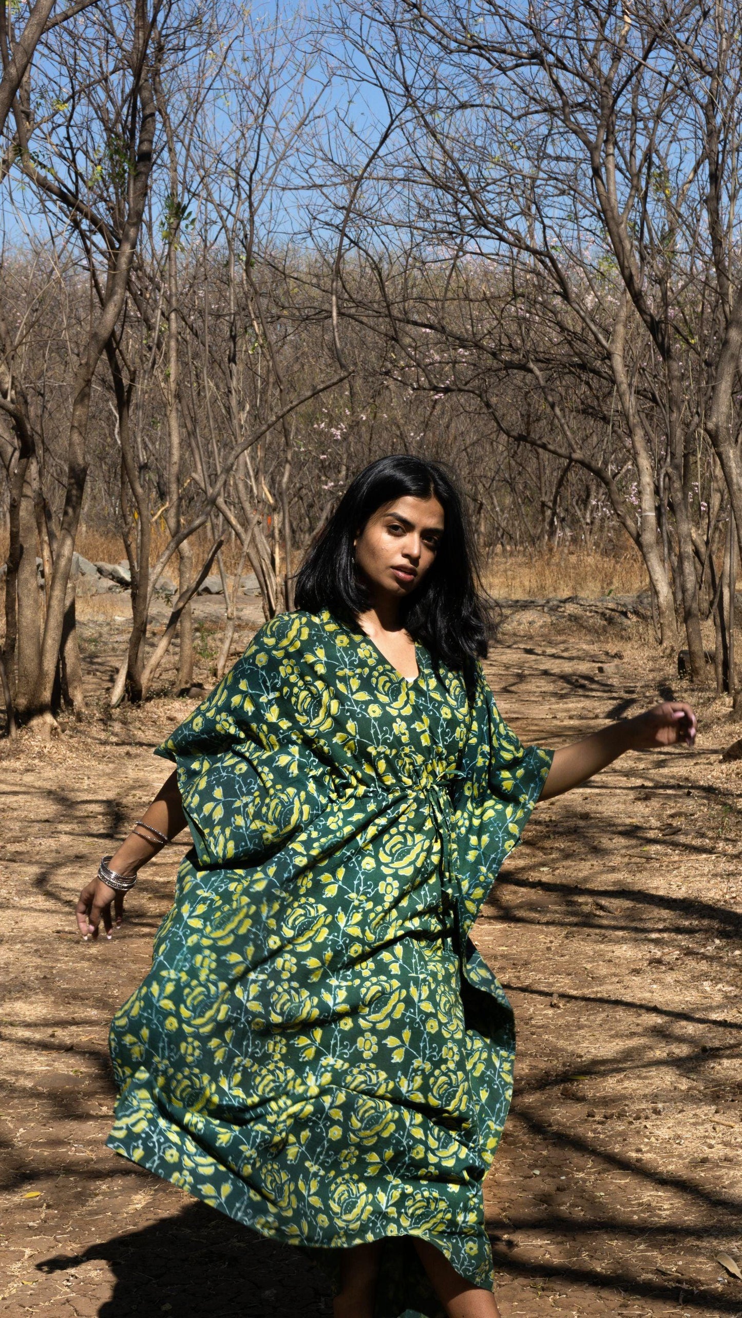 Kaisori Paisley Mulmul natural dyed green paisley Kaftan Kaisori