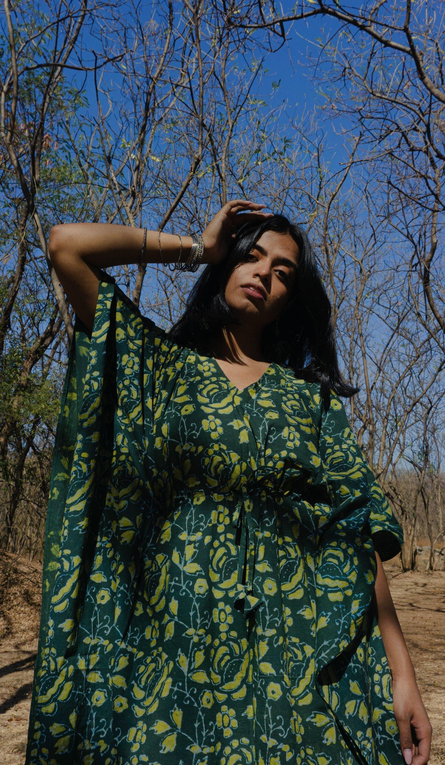 Kaisori Paisley Mulmul natural dyed green paisley Kaftan Kaisori