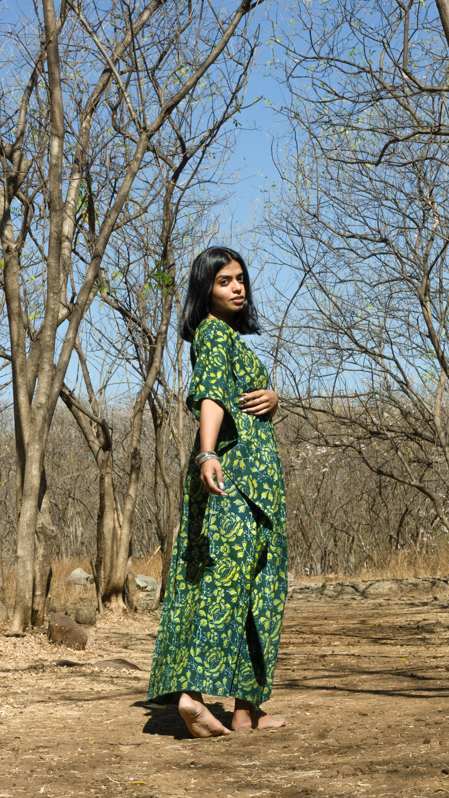 Kaisori Paisley Mulmul natural dyed green paisley Kaftan Kaisori