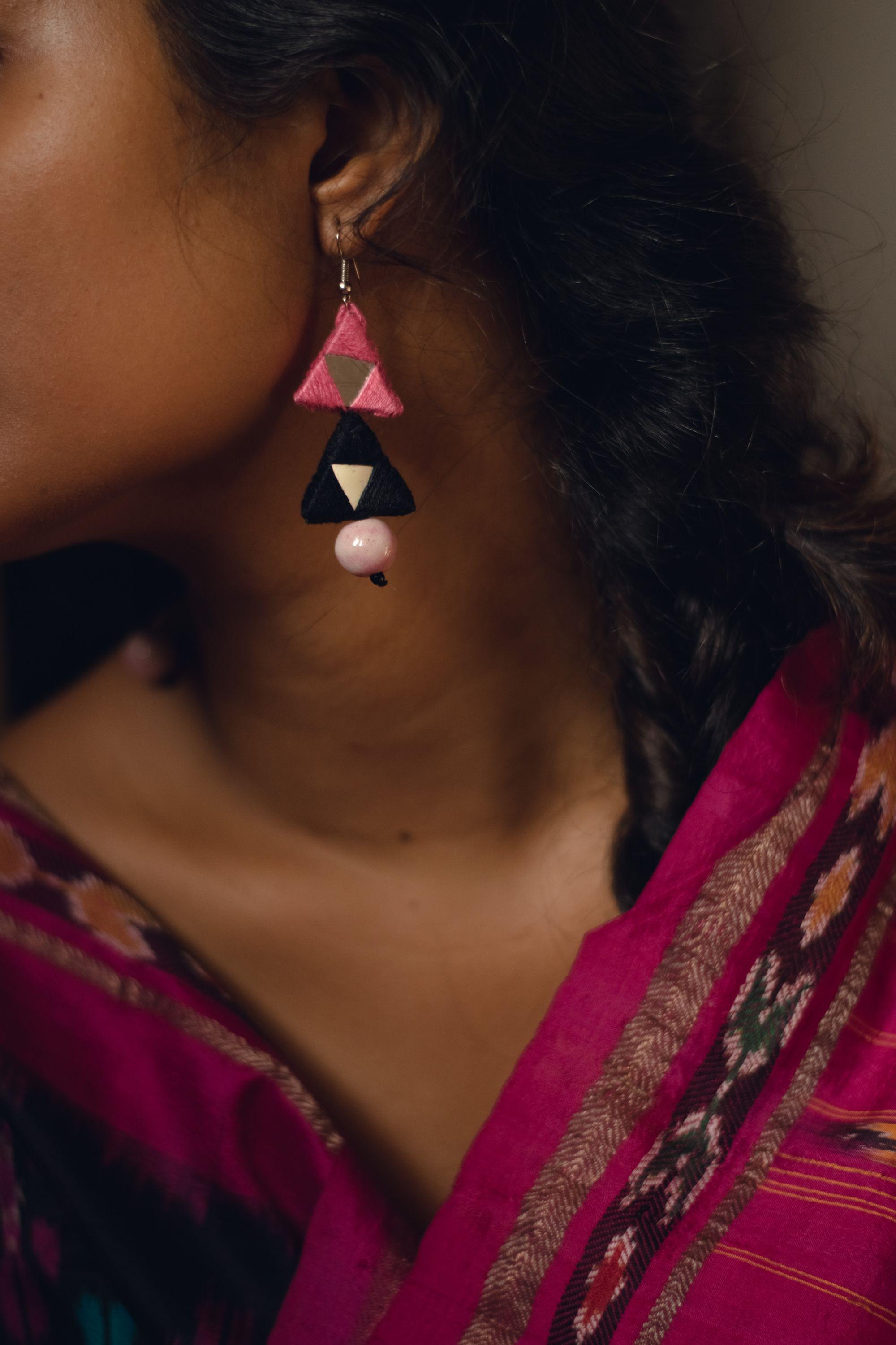 Kaisori Triad thread pottery earrings - pink and white Kaisori