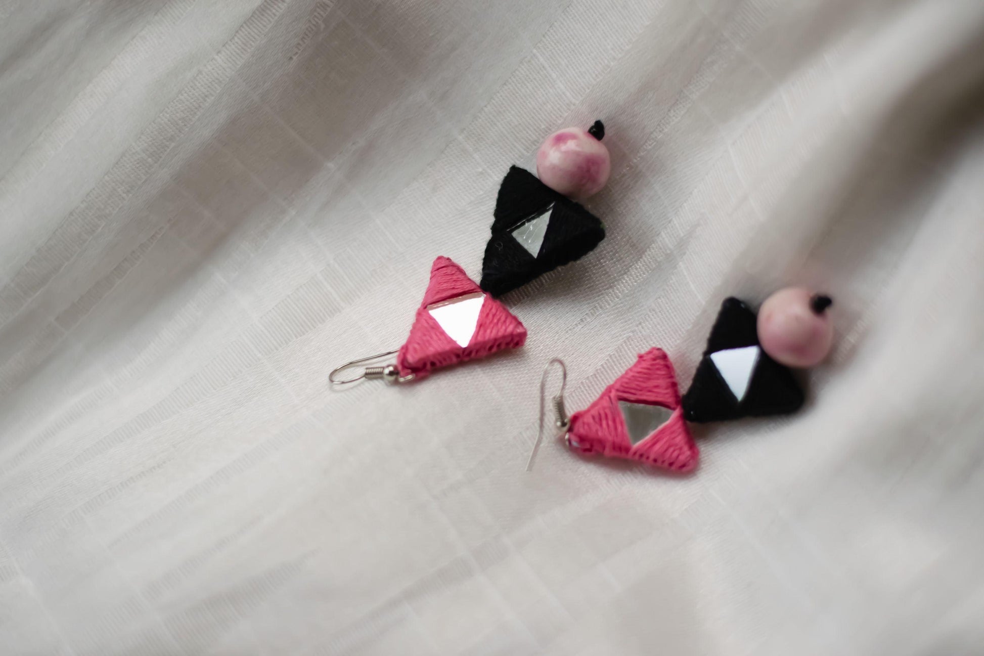 Kaisori Triad thread pottery earrings - pink and white Kaisori