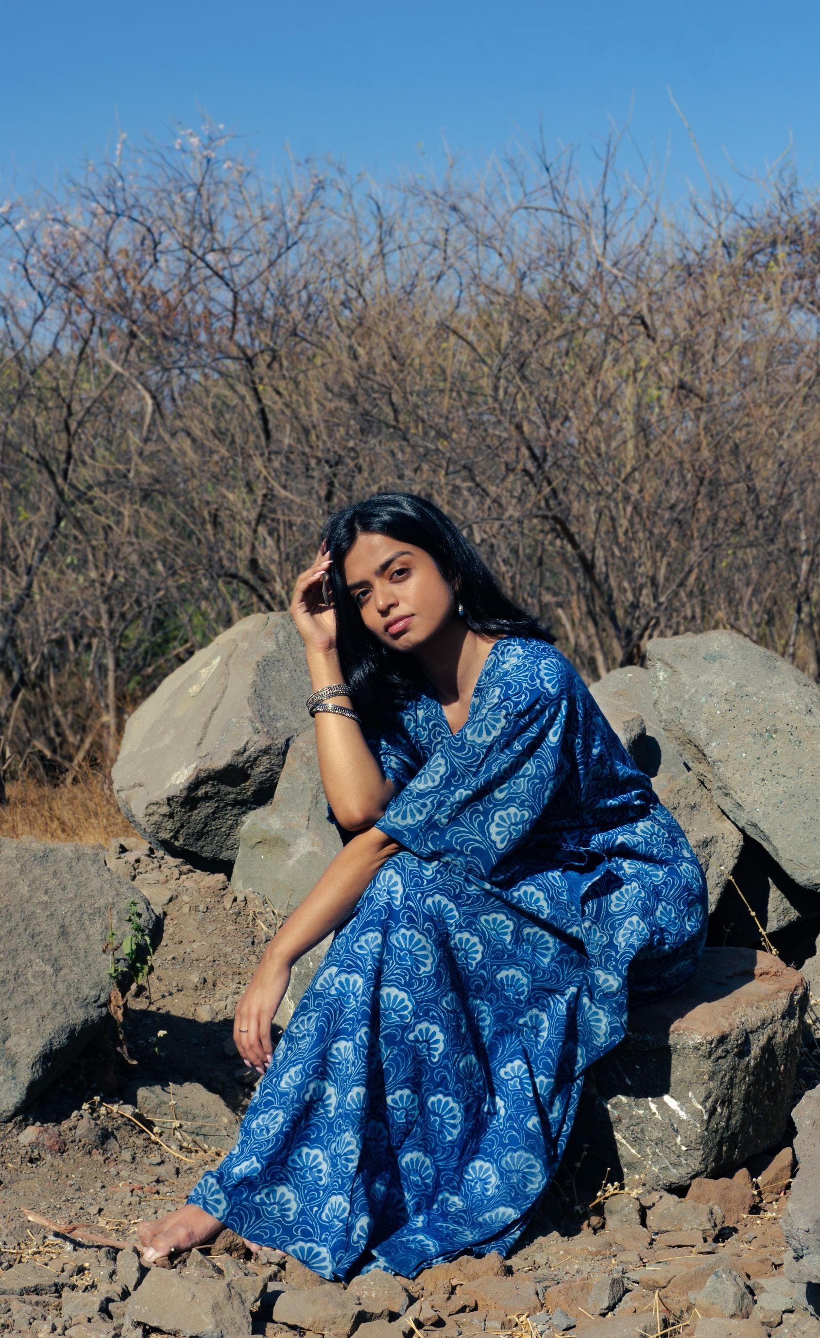 Kaisori new Mulmul floral natural dyed Indigo block printed Kaftan Kaisori
