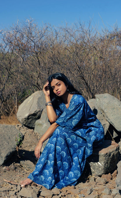 Kaisori new Mulmul floral natural dyed Indigo block printed Kaftan Kaisori