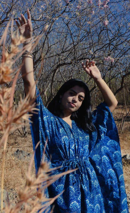 Kaisori new Mulmul floral natural dyed Indigo block printed Kaftan Kaisori