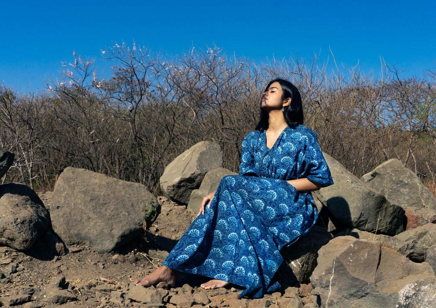 Kaisori new Mulmul floral natural dyed Indigo block printed Kaftan Kaisori