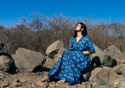 Kaisori new Mulmul floral natural dyed Indigo block printed Kaftan Kaisori