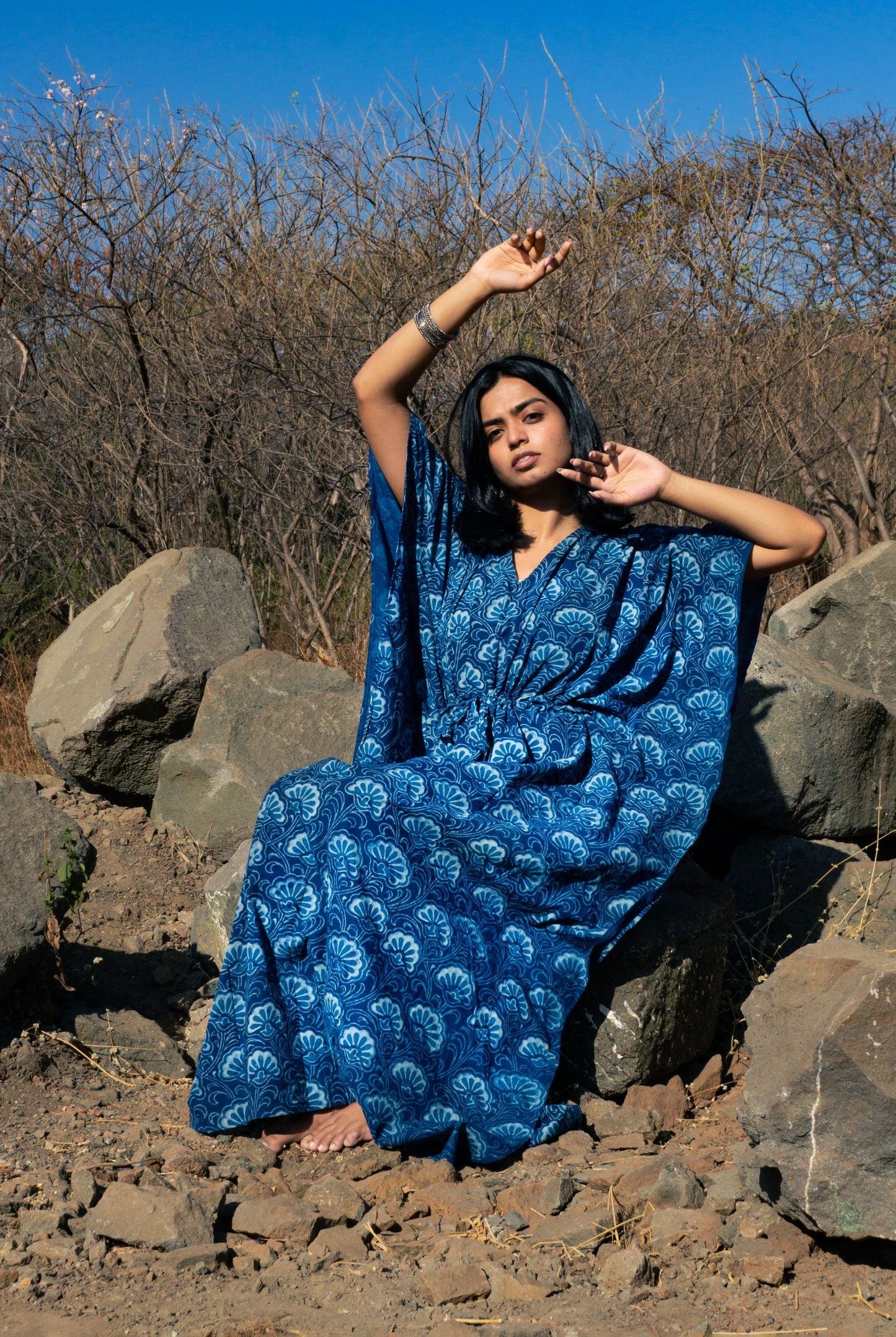 Kaisori new Mulmul floral natural dyed Indigo block printed Kaftan Kaisori