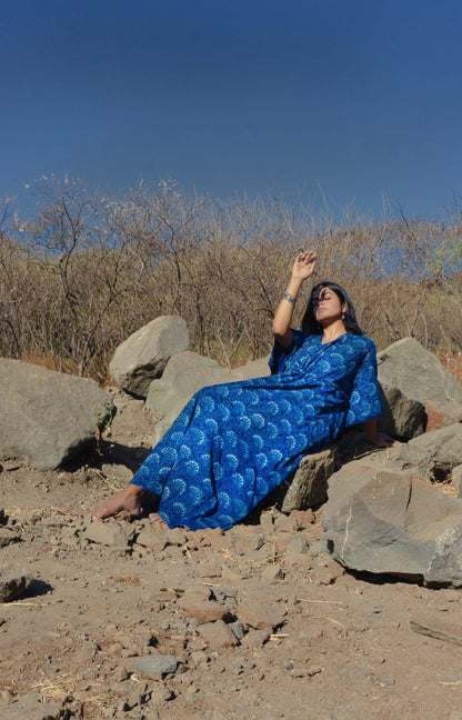 Kaisori new Mulmul floral natural dyed Indigo block printed Kaftan Kaisori