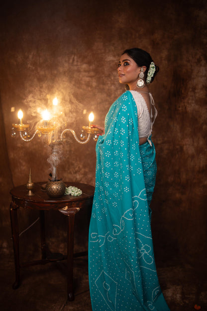 Hand knotted Kutchi Bandhani Blue cotton saree - Boondh