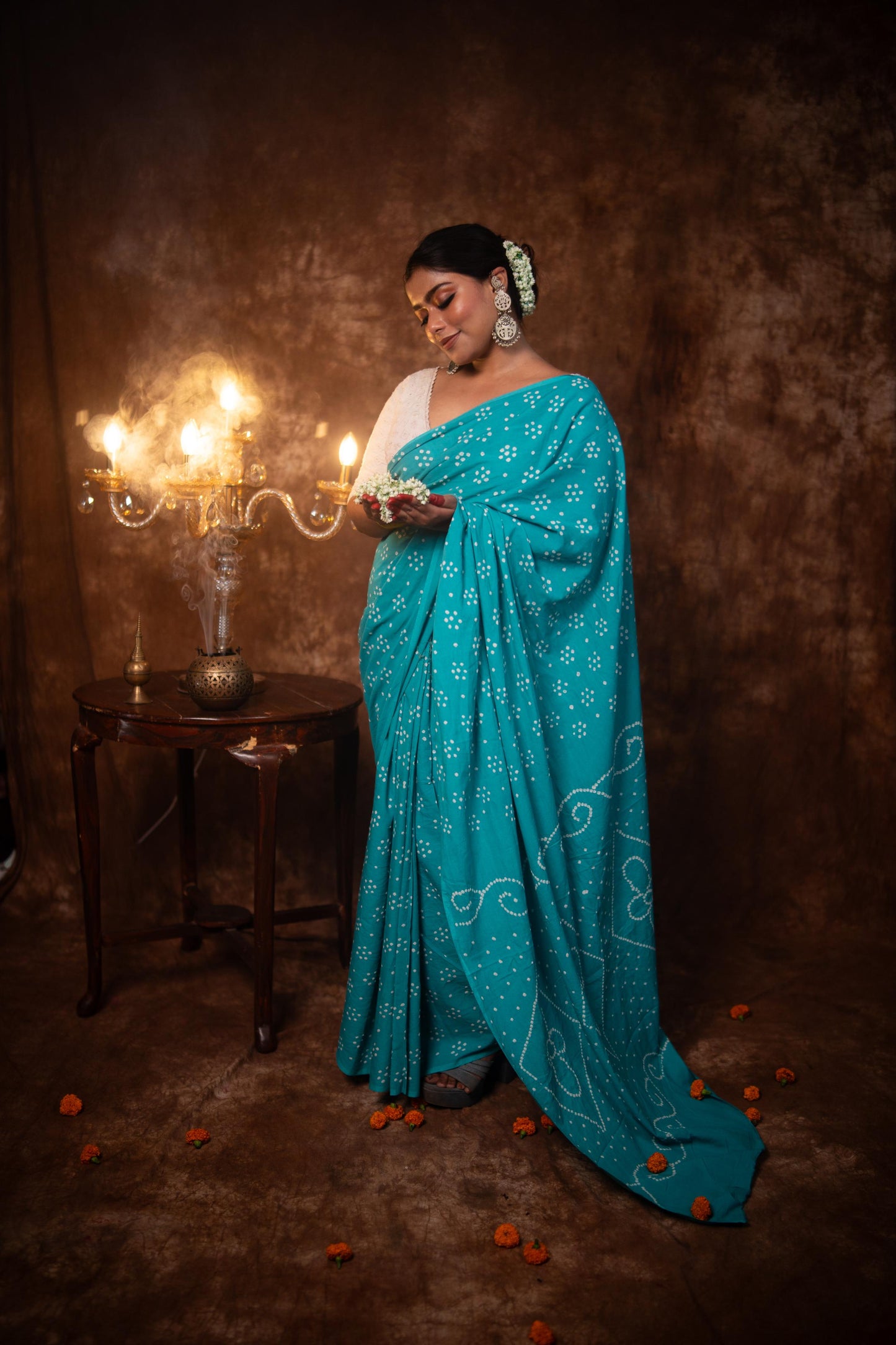 Hand knotted Kutchi Bandhani Blue cotton saree - Boondh