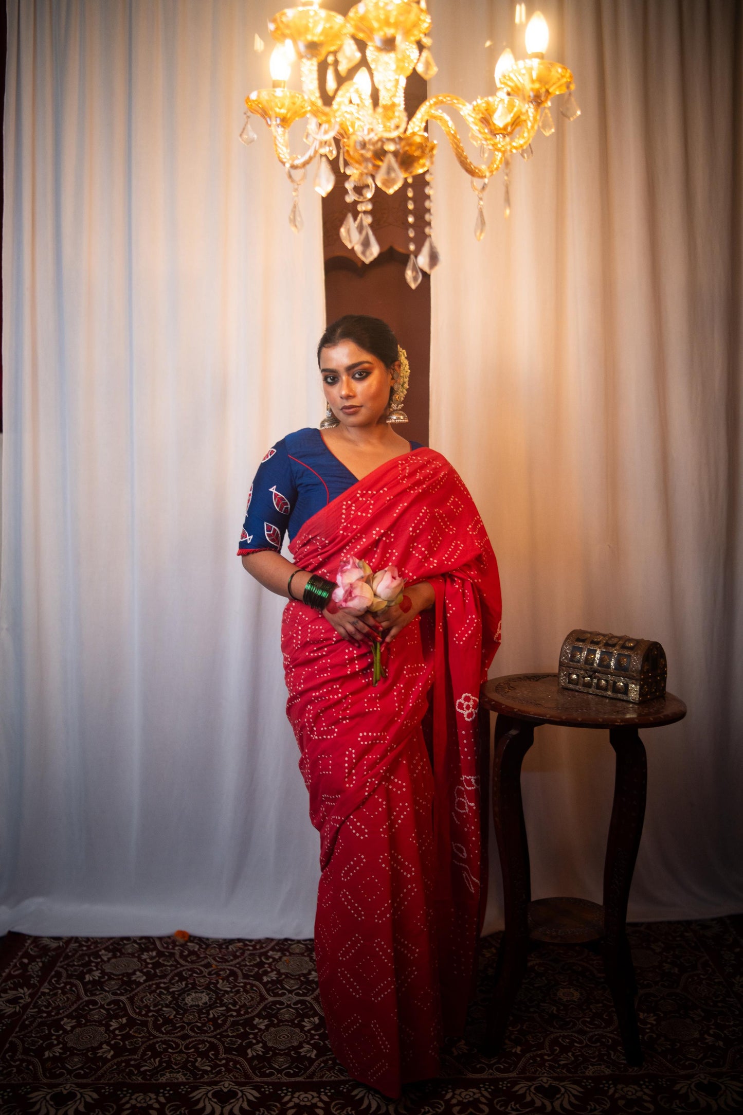 Hand knotted Kutchi Bandhani vermillion cotton saree - Boondh